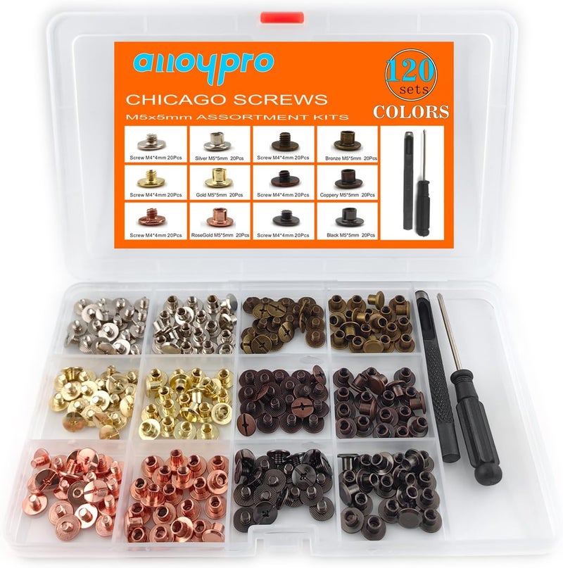120 Sets Chicago Screws with Hole Puncher and Screwdriver Assorted Kit 6 Color Leather Rivets Screw Flat Fillister Book Binding Posts Nail Rivet Chicago Bolts for DIY Leather Craft (5×6mm)